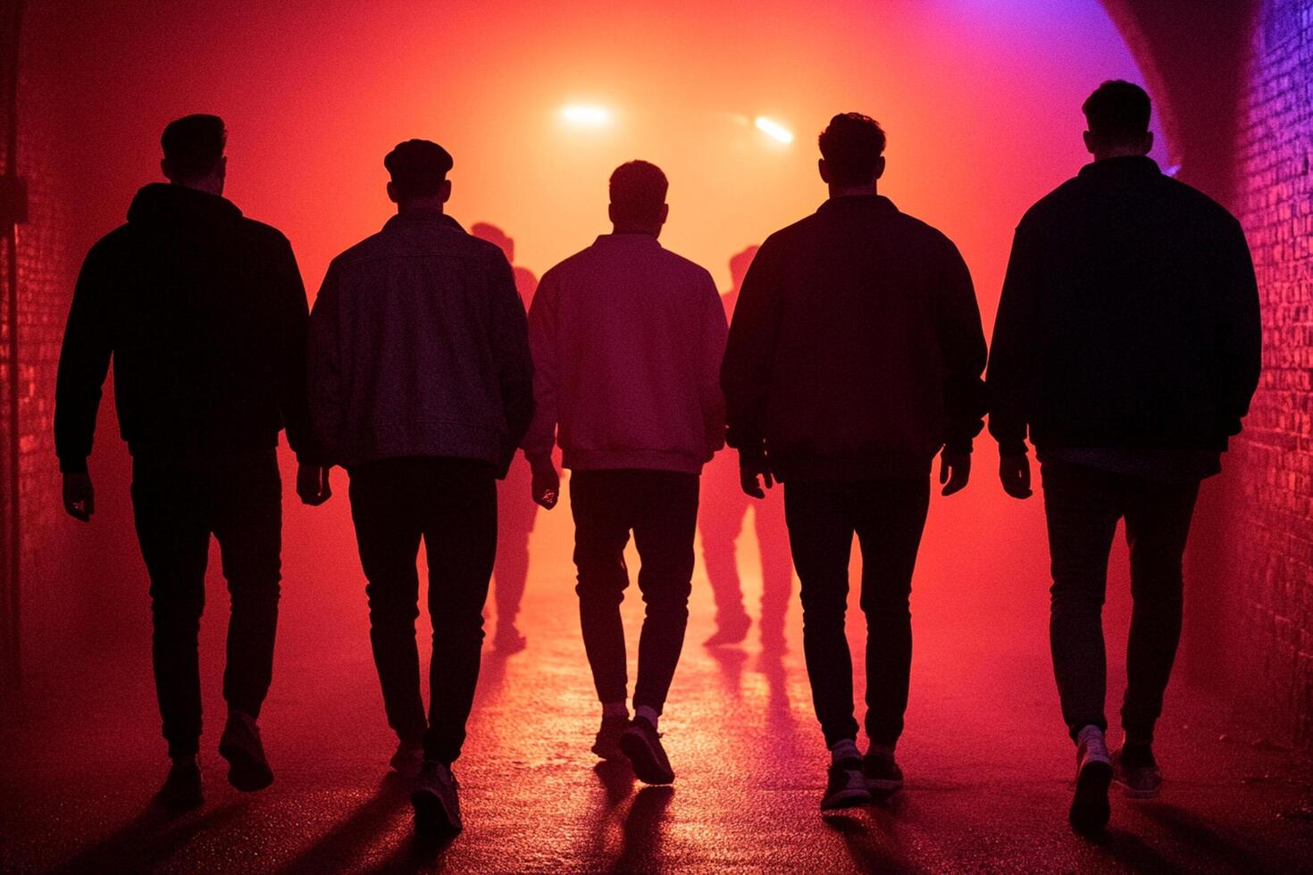 A group of men walking through a tunnel with red and blue lights photo