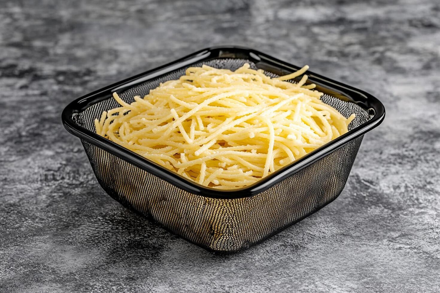 A black square container filled with shredded cheese photo