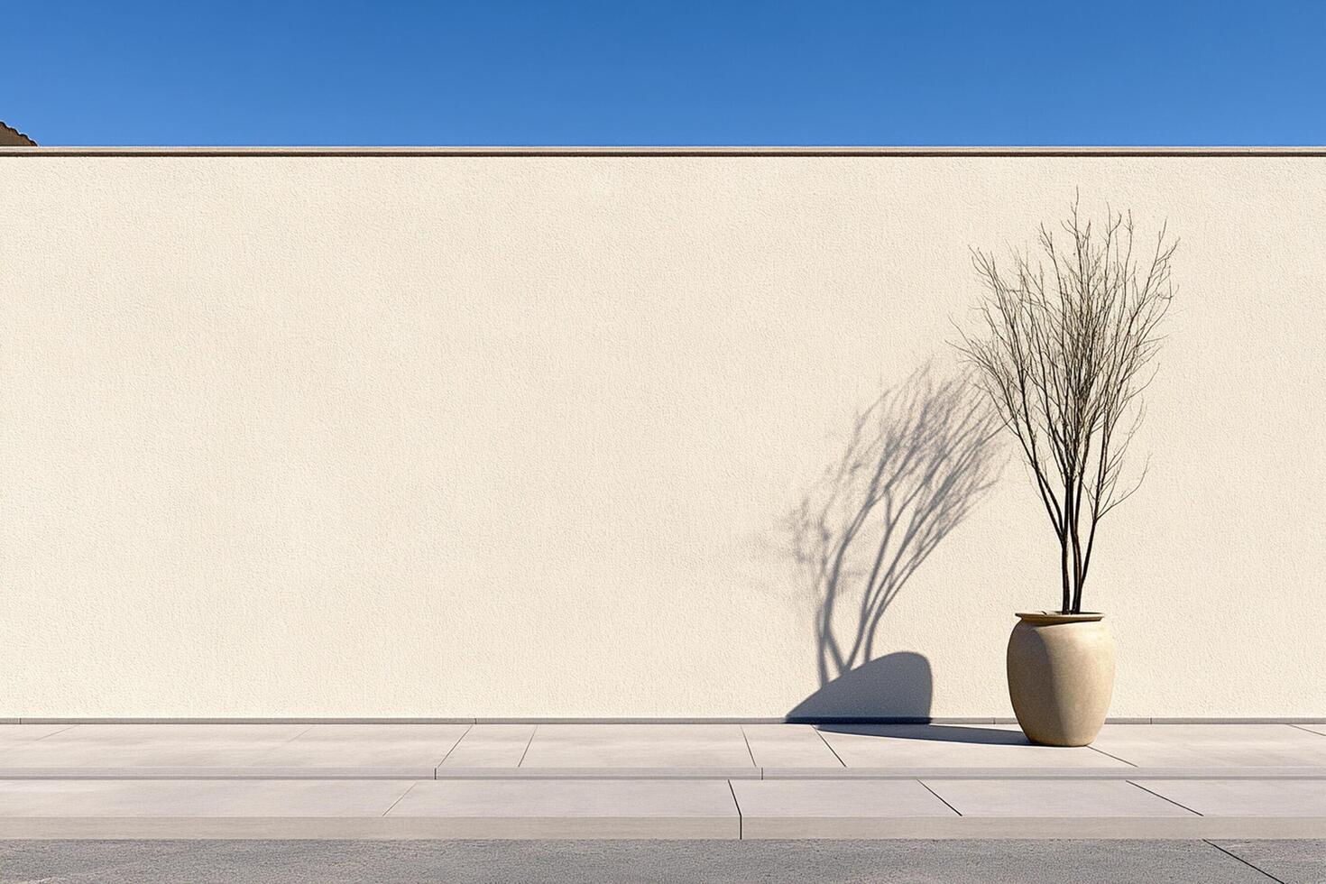 A vase with a tree in it sitting on a sidewalk photo