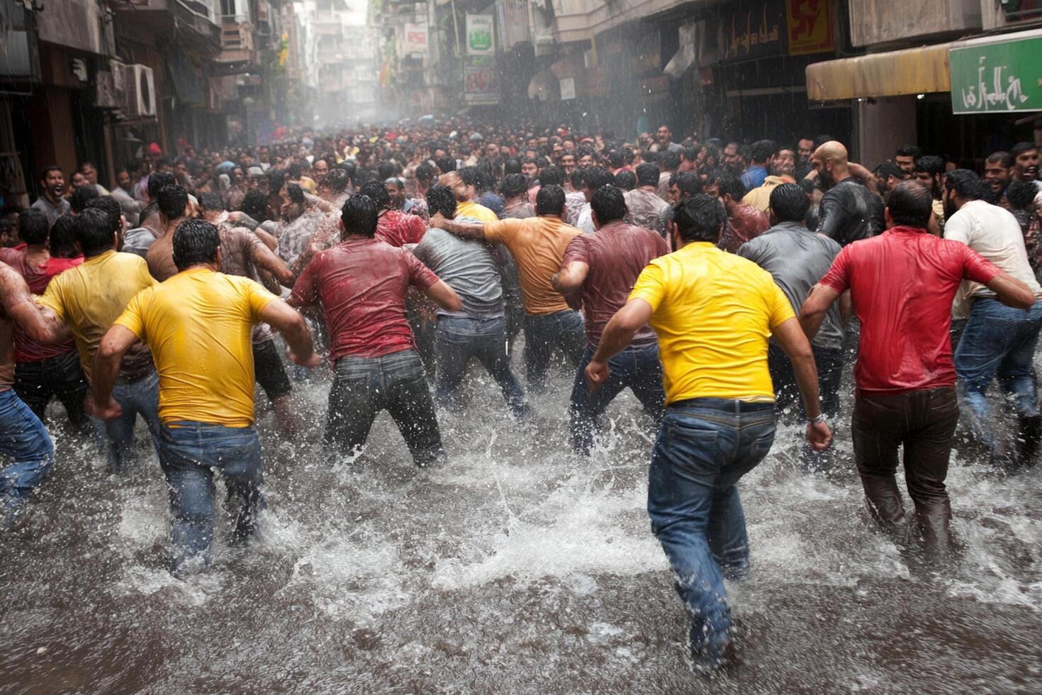 A group of people running through a flooded street photo