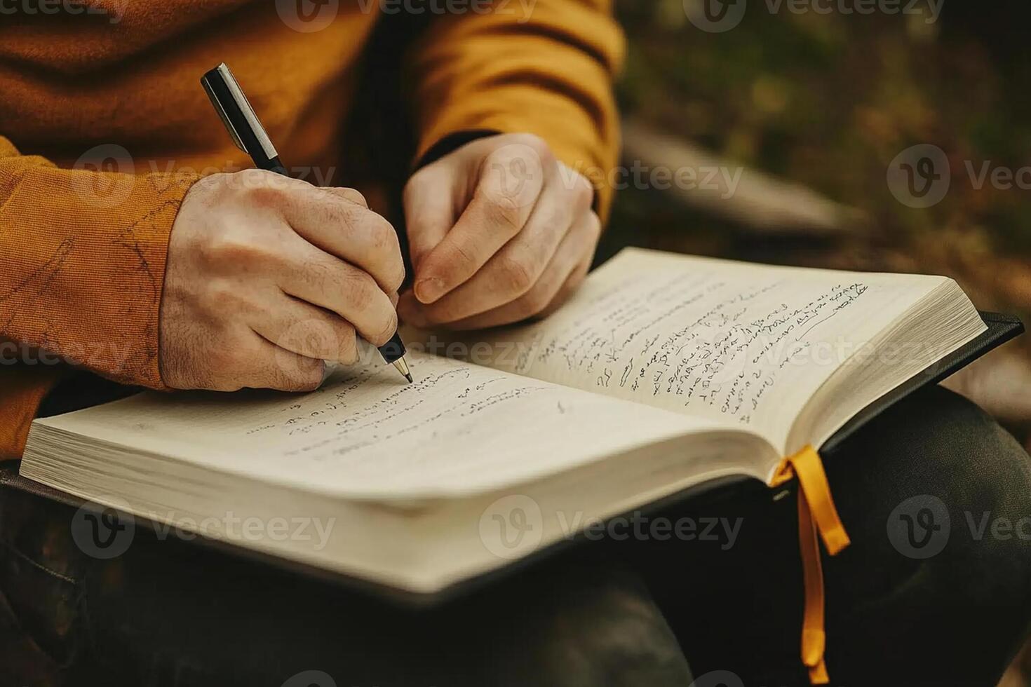 A man writing in a notebook photo