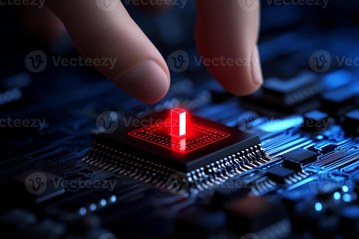 A person touching a red button on a computer motherboard photo