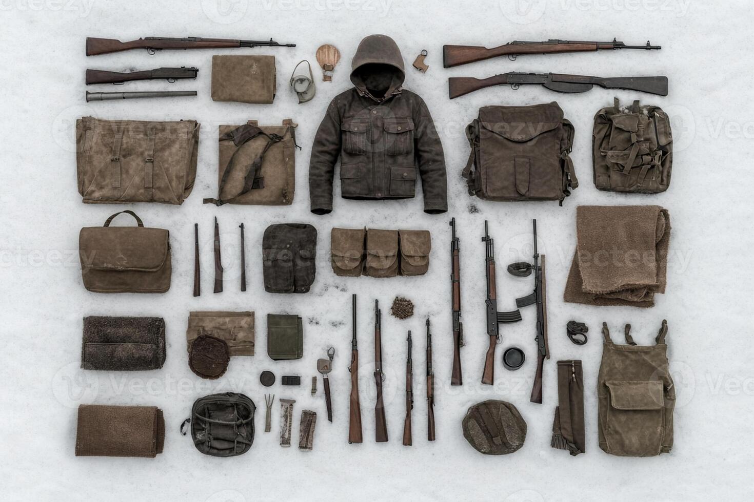 A collection of military equipment laid out on the snow photo