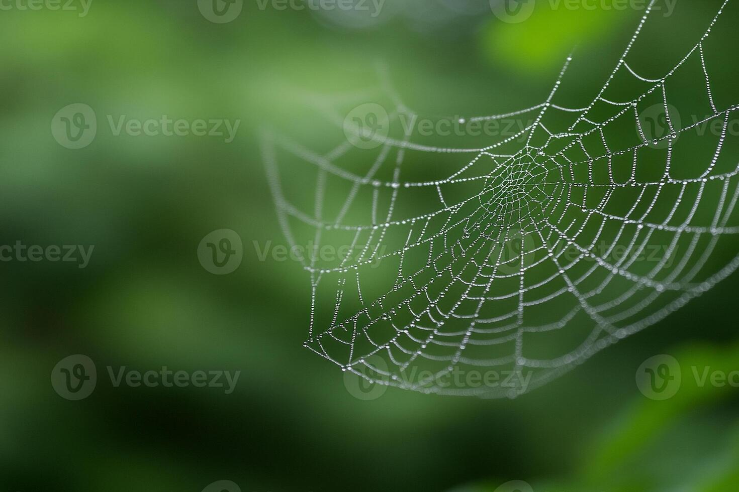 A spider web is shown in front of green leaves photo