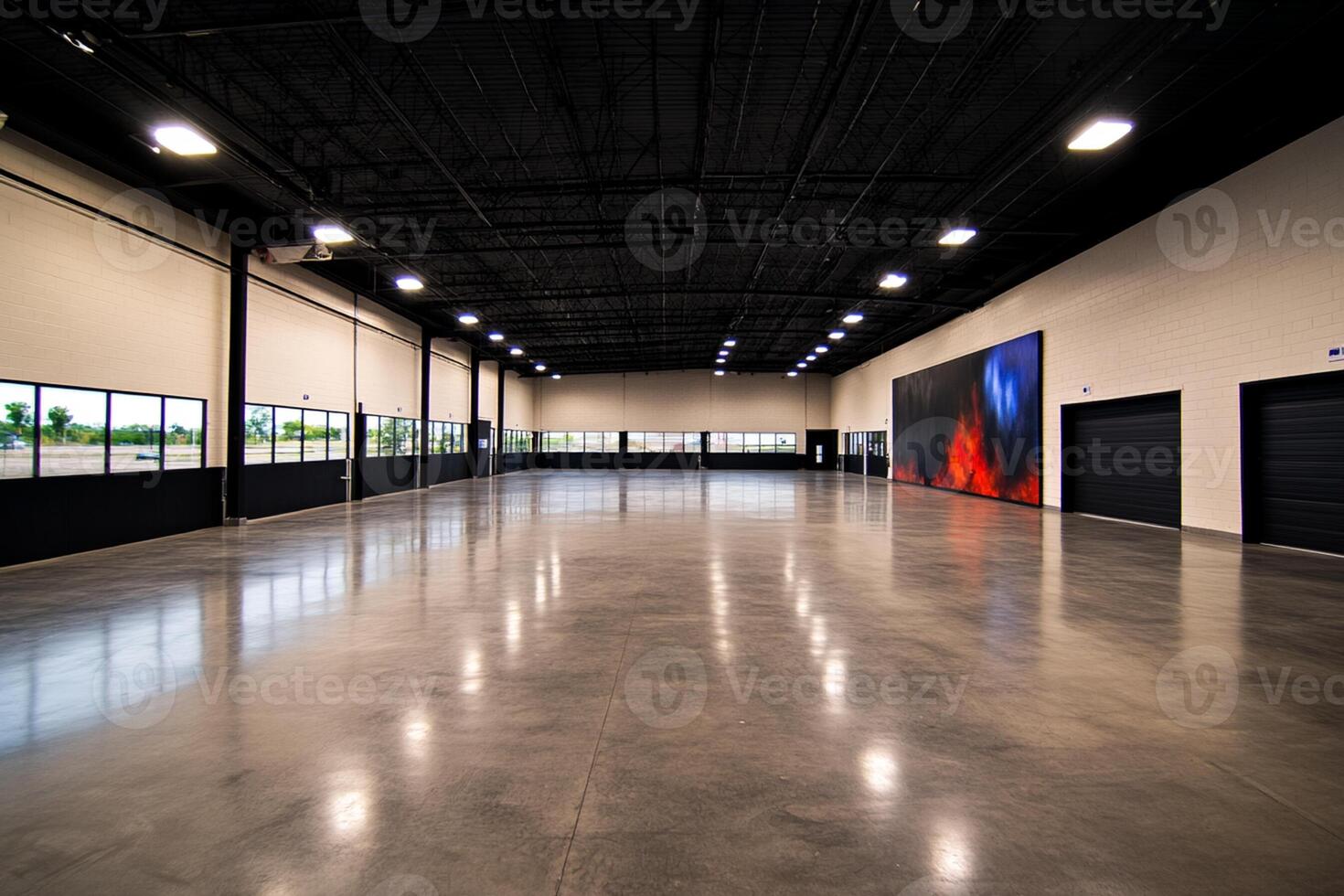 An empty warehouse with a large painting on the wall photo