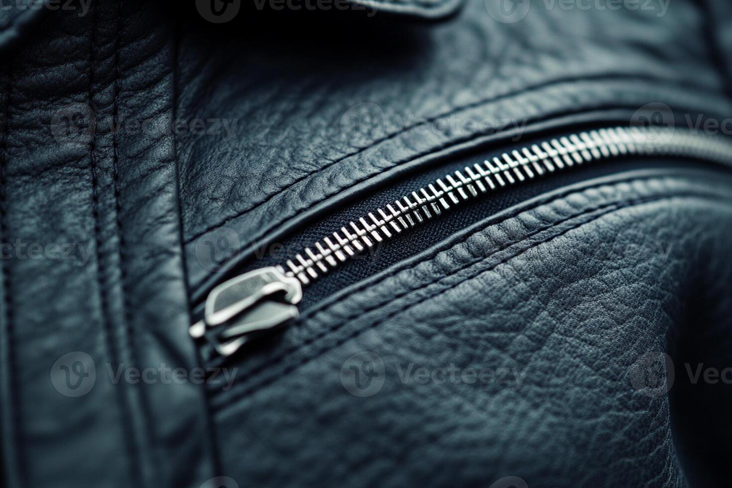 Close up of a zipper on a black leather jacket photo
