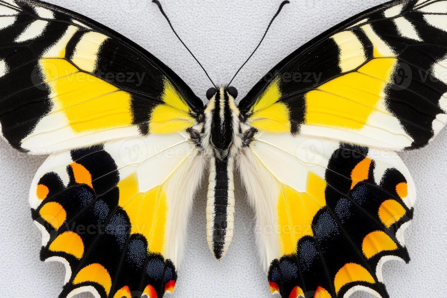 A butterfly with black, yellow and white wings photo