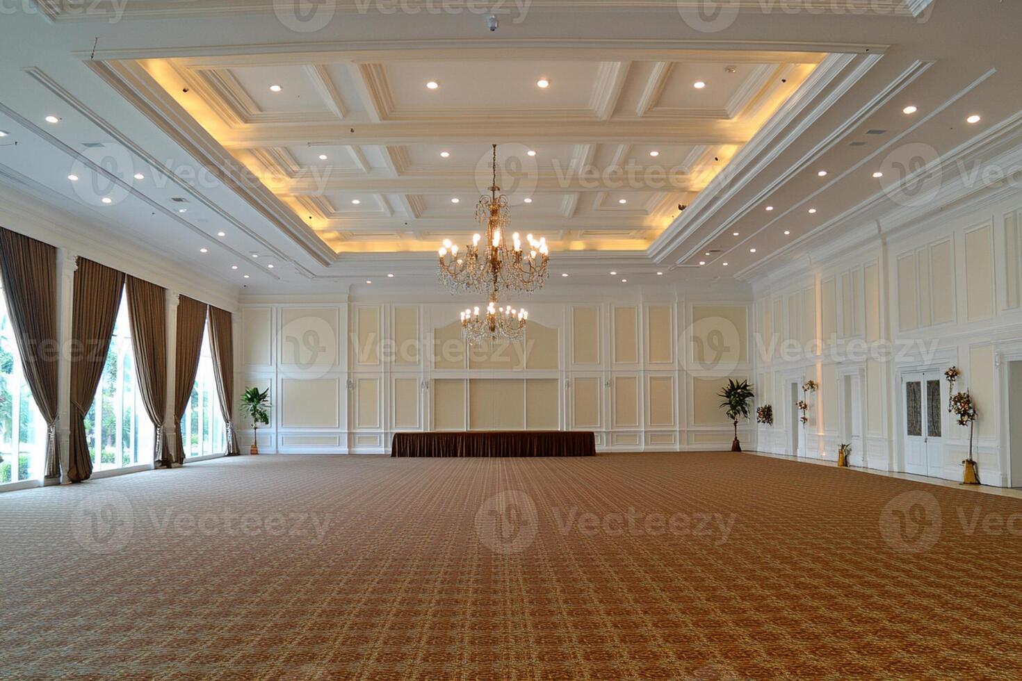 A large empty room with a chandelier and a table photo