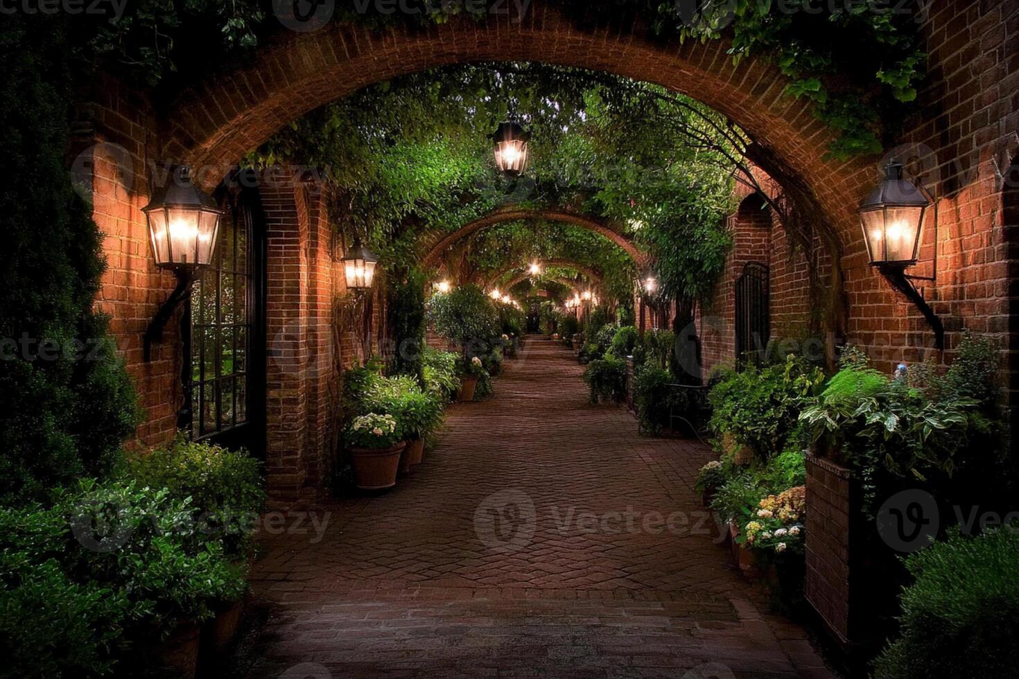 A brick walkway with plants and lights photo