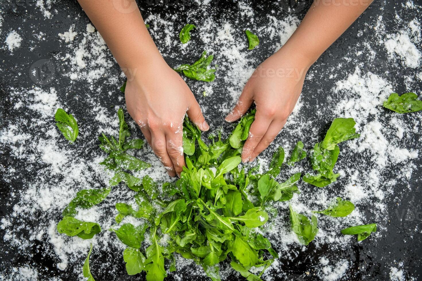 A person's hands are holding a bunch of spinach photo