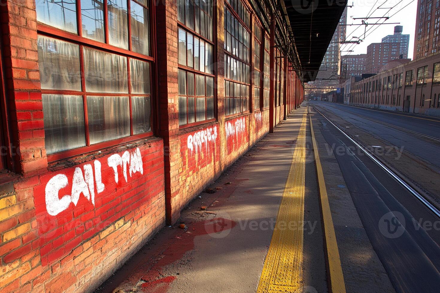 A train is parked on a train track with graffiti on the side of the train photo