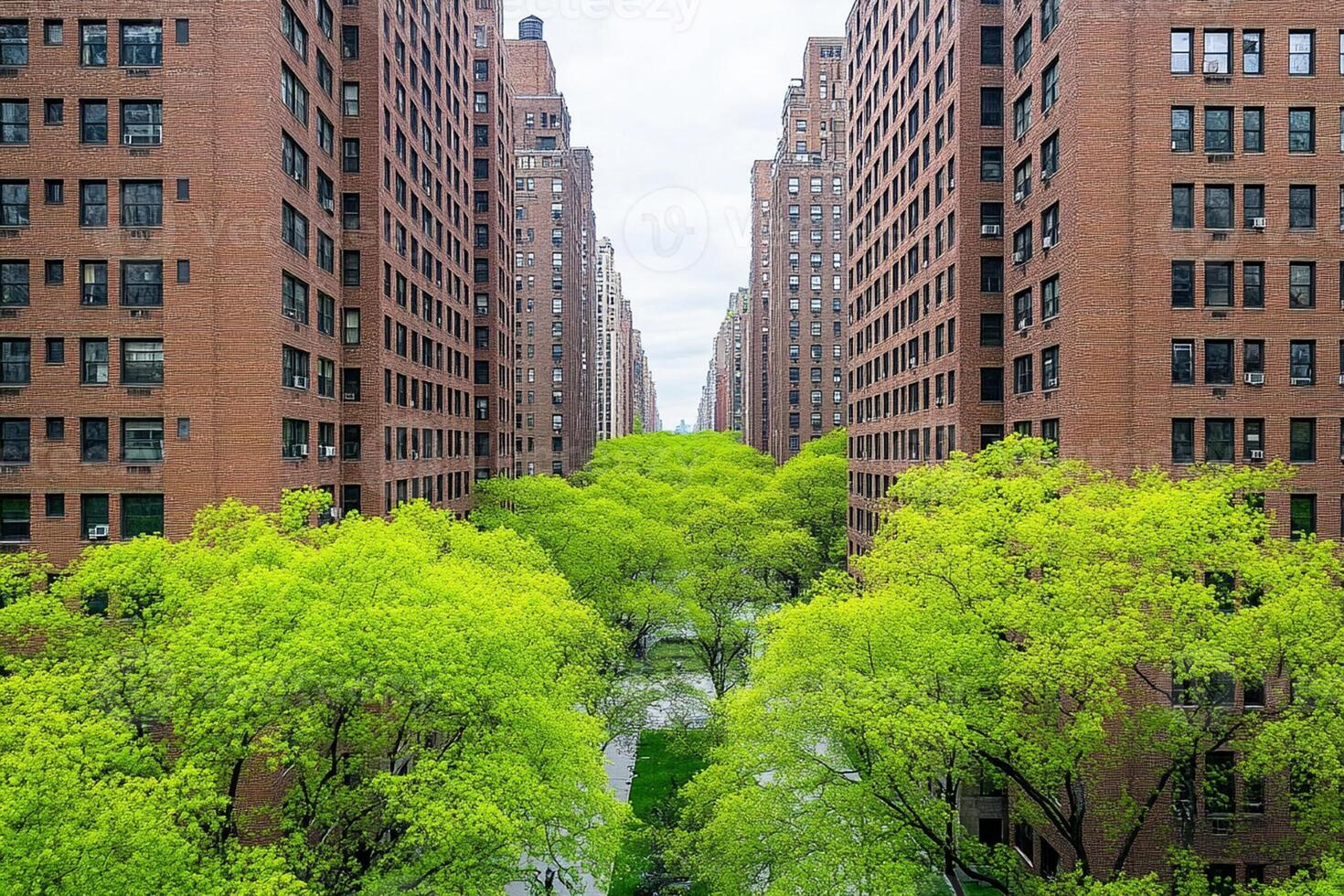 A view of a city street with tall buildings and trees photo