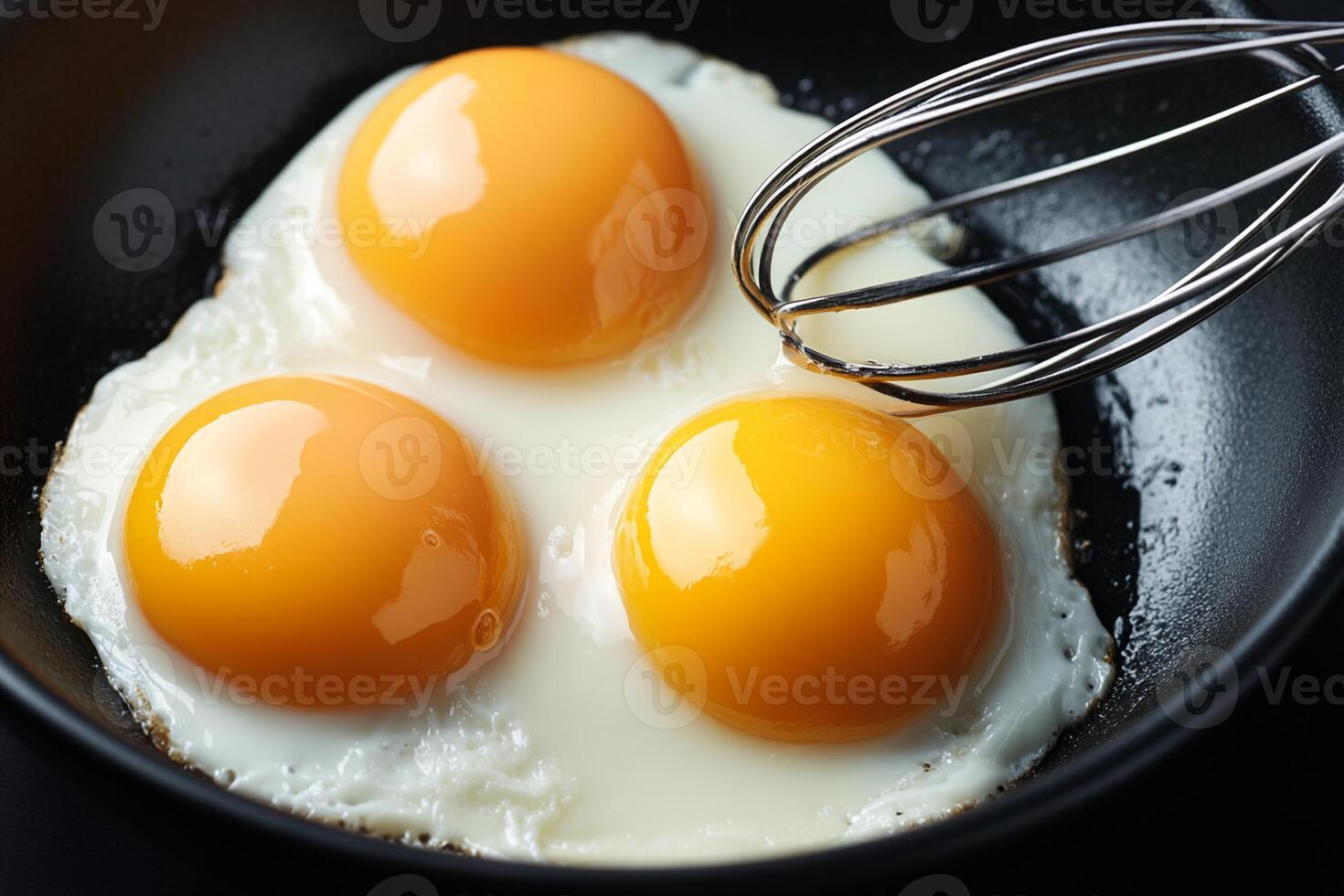 Three eggs are being whisked in a pan photo
