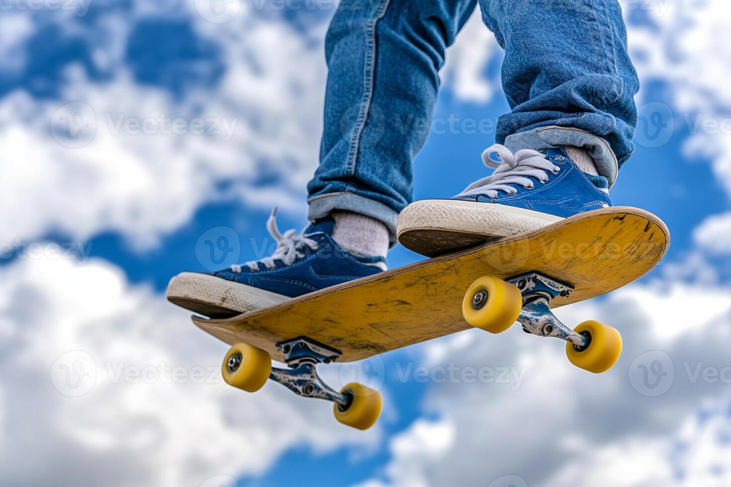 Skateboarder in blue jeans and sneakers on a yellow skateboard photo