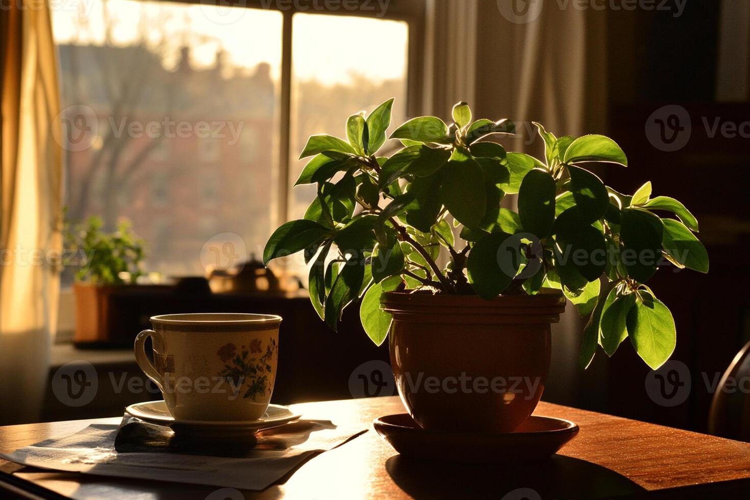 A plant in a pot sits on a table next to a cup photo