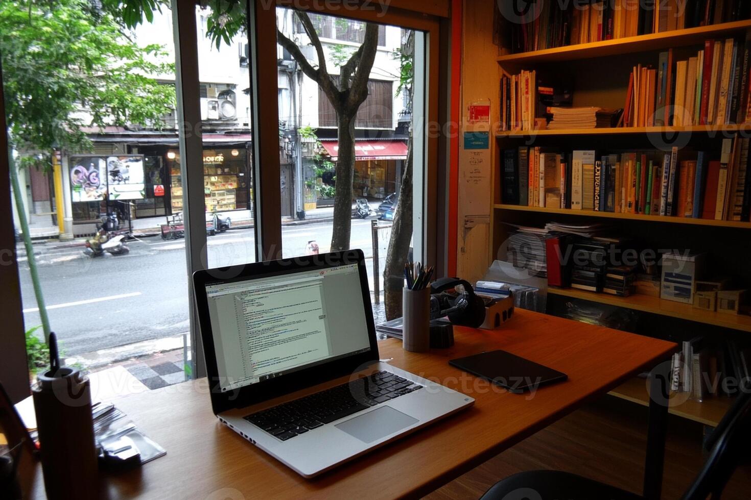 A laptop on a desk photo