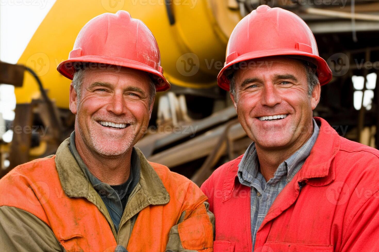 Two men in hard hats smiling at the camera photo