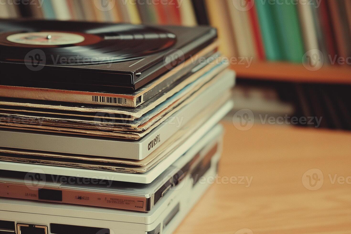 A stack of vinyl records on a table photo