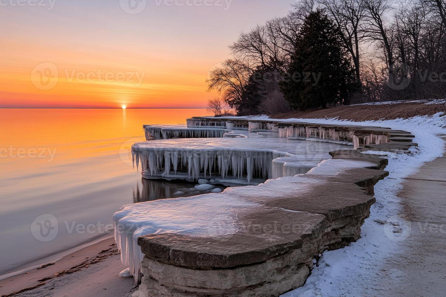 Ice covered steps leading to the shore at sunset photo