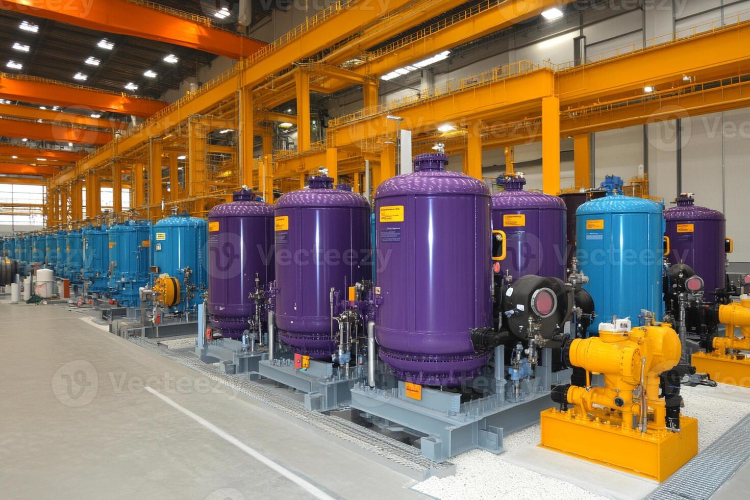 A large room with several different colored water tanks photo