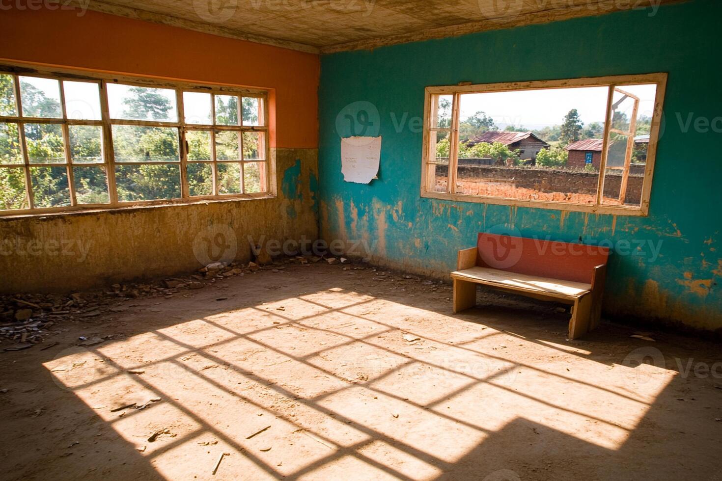 A room with a bench and windows photo