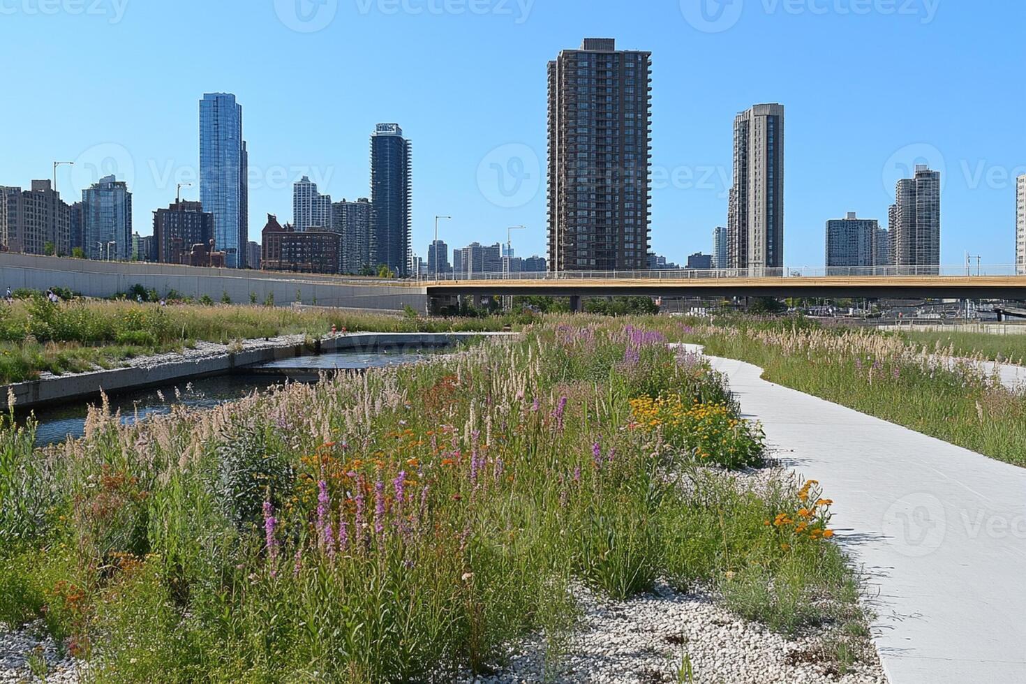 A city skyline with tall buildings and a river photo