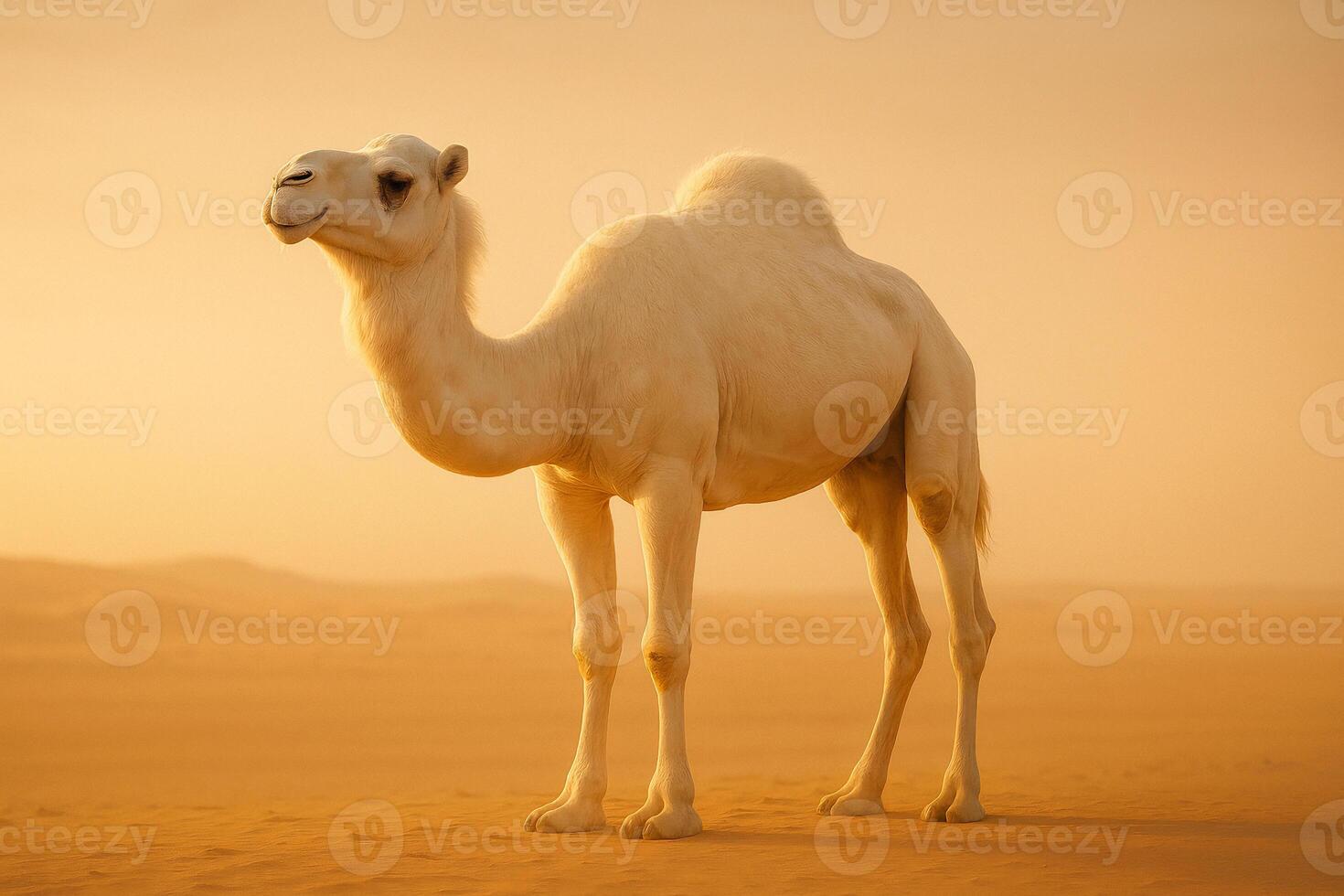 a white camel standing in the desert photo