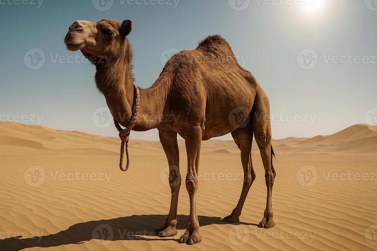 a camel standing in the desert with a sun in the background photo