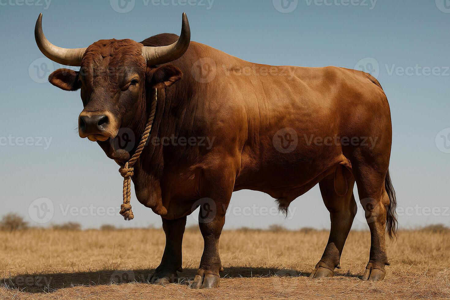 a large brown bull standing in a dry field photo