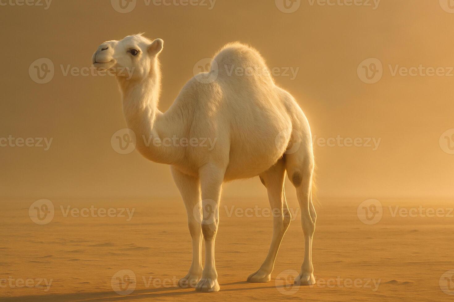 a white camel standing in the desert with a foggy background photo
