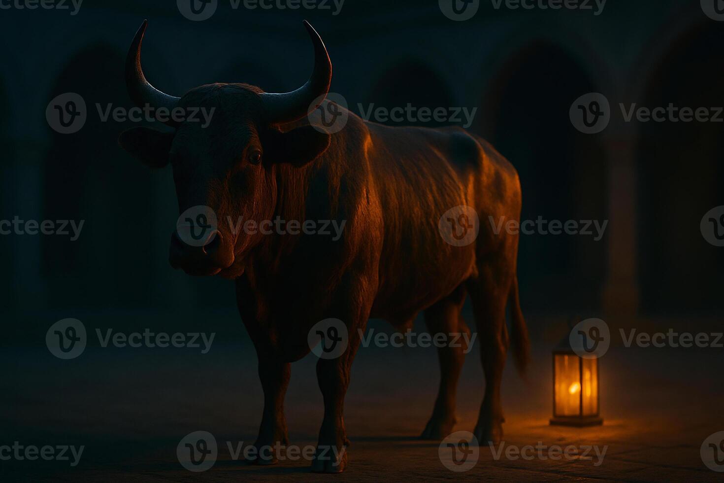 a bull stands in front of a lantern photo