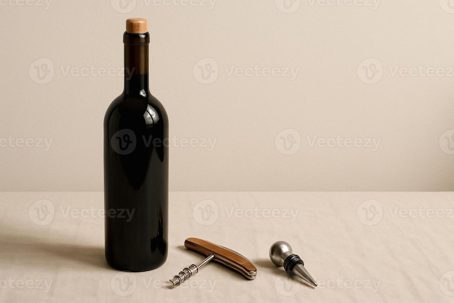 a bottle of wine and corkscrew on a table photo