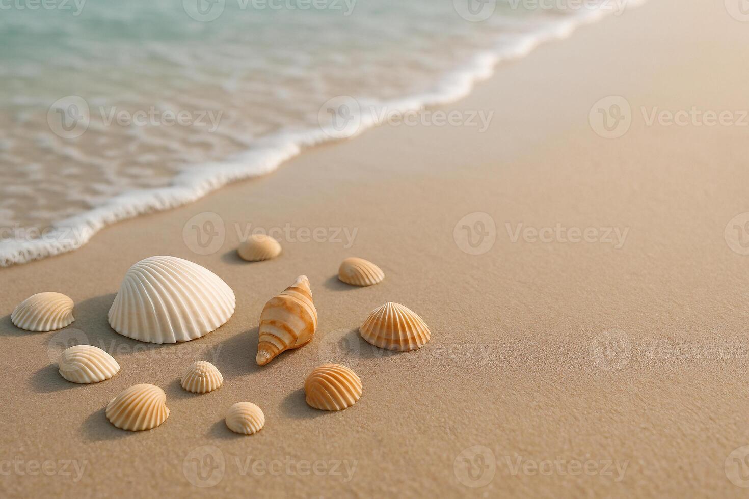 sea shells on the beach with waves and ocean photo