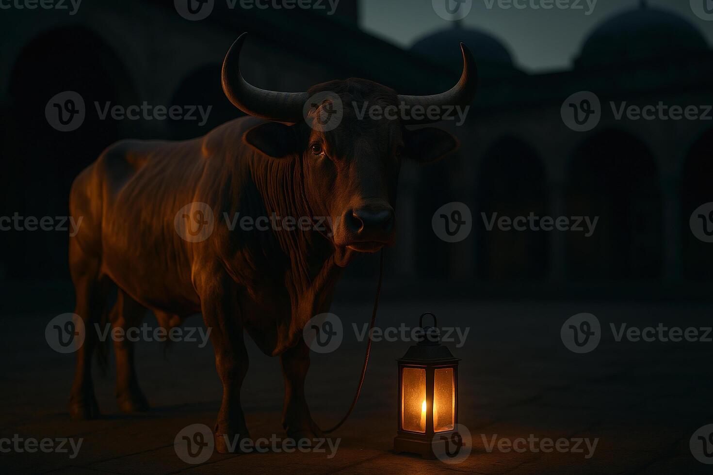 a bull standing next to a lantern photo