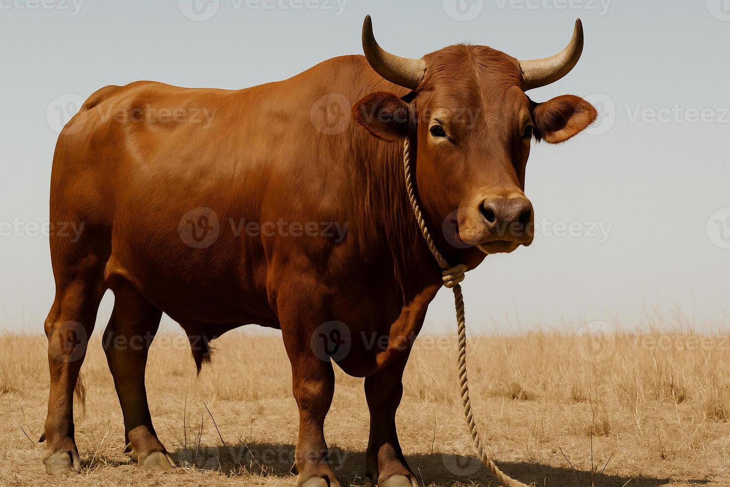a brown bull standing in a dry field photo