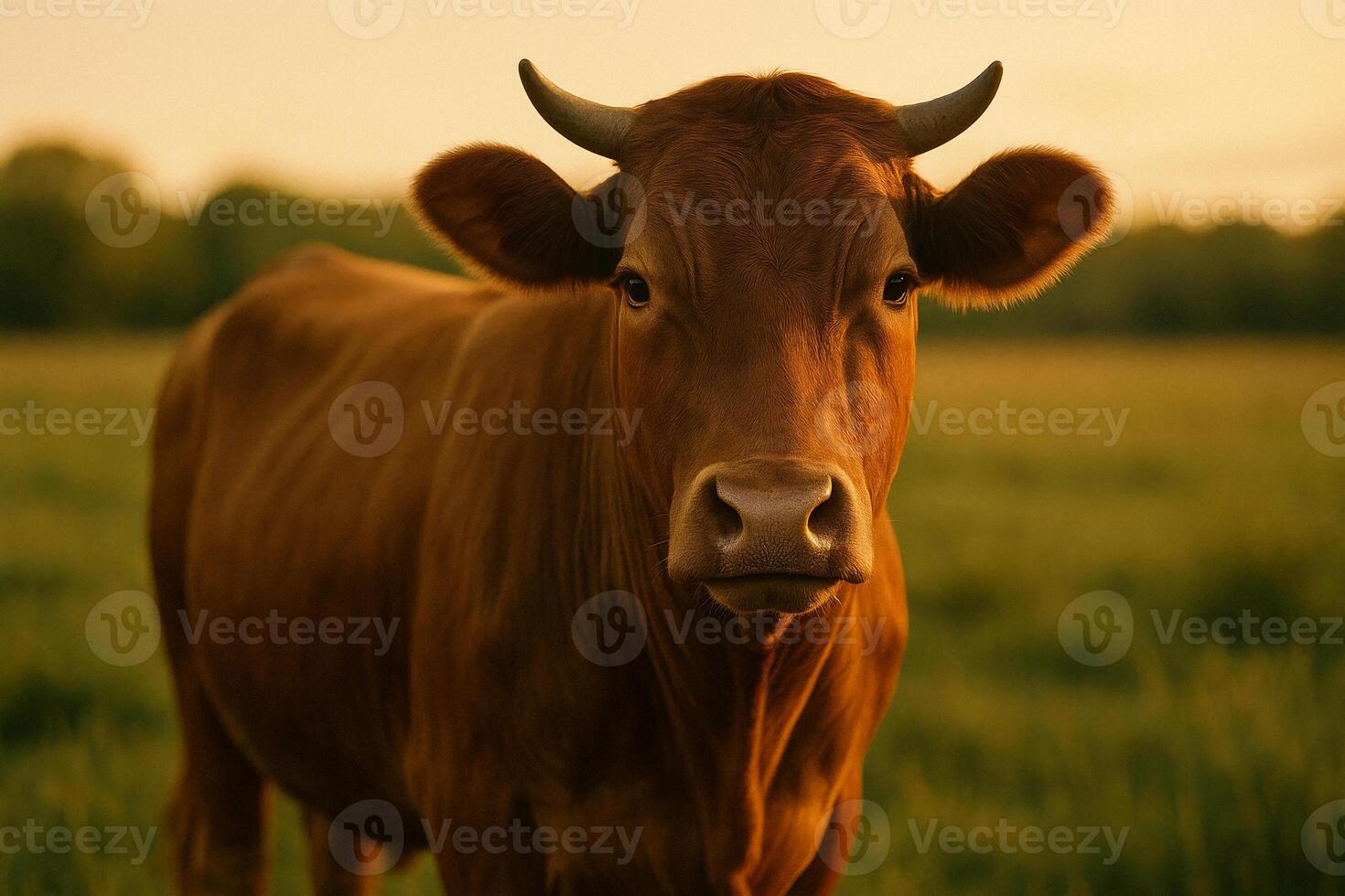 a cow standing in a field with a sunset in the background photo