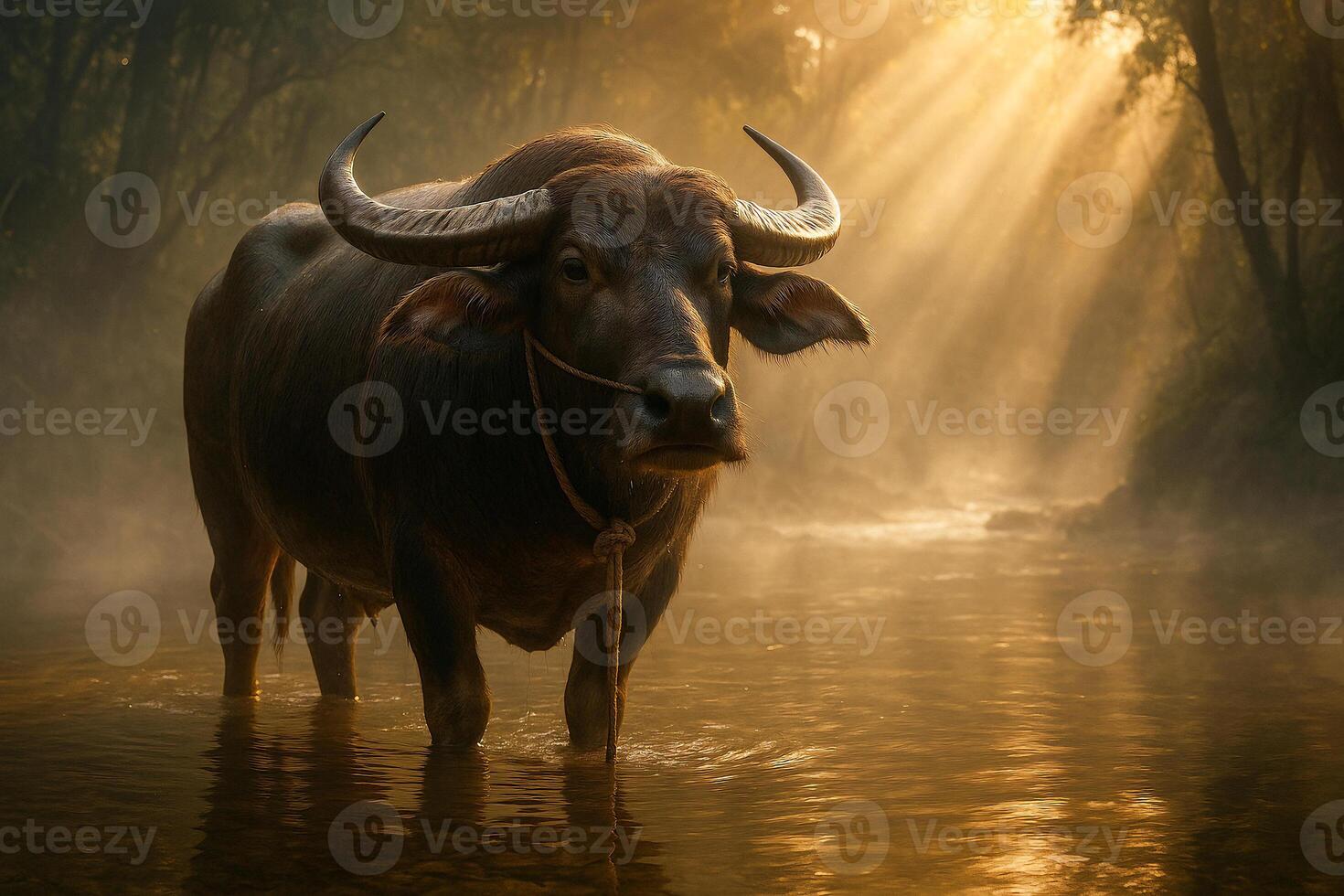 Water Buffalo Standing in Forest Stream with Sun Rays photo