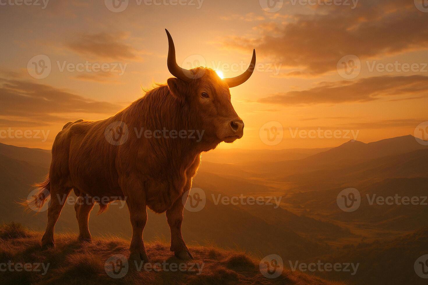 a bull standing on a hill at sunset photo