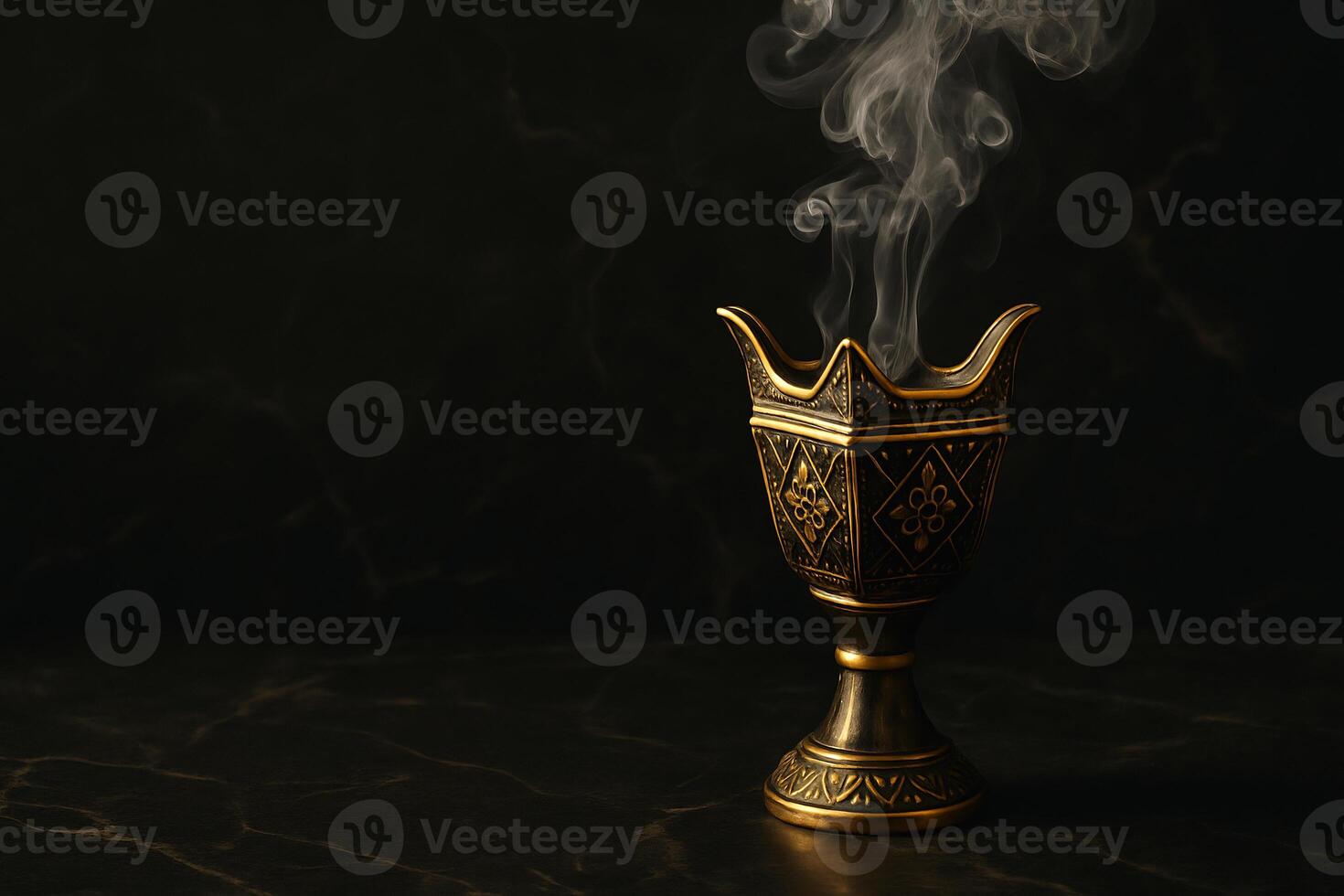 Traditional Arabian Incense Burner with Smoke on Dark Background. photo