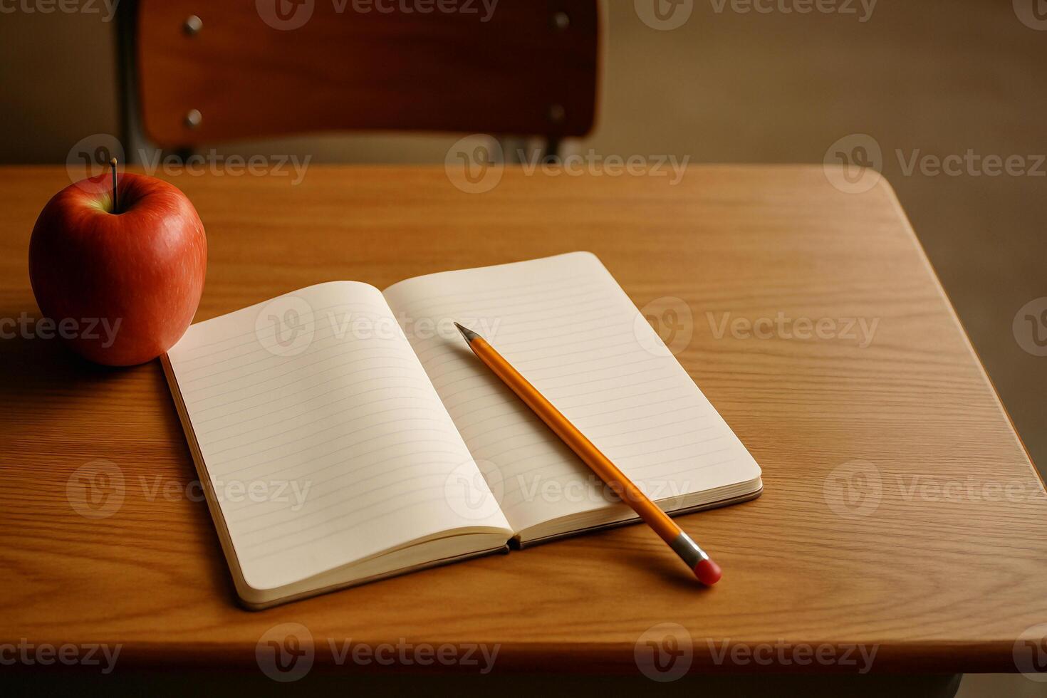 Open Notebook with Pencil and Apple on Classroom Desk photo