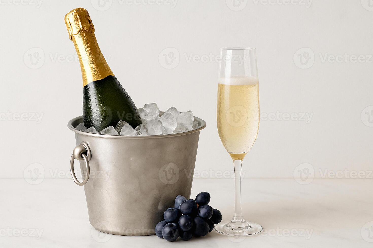 Chilled Champagne Bottle with Glass and Grapes on Ice Bucket photo