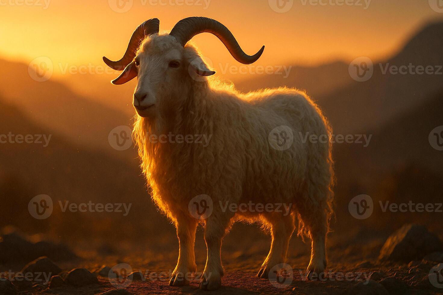 a goat with long horns standing in the sun photo