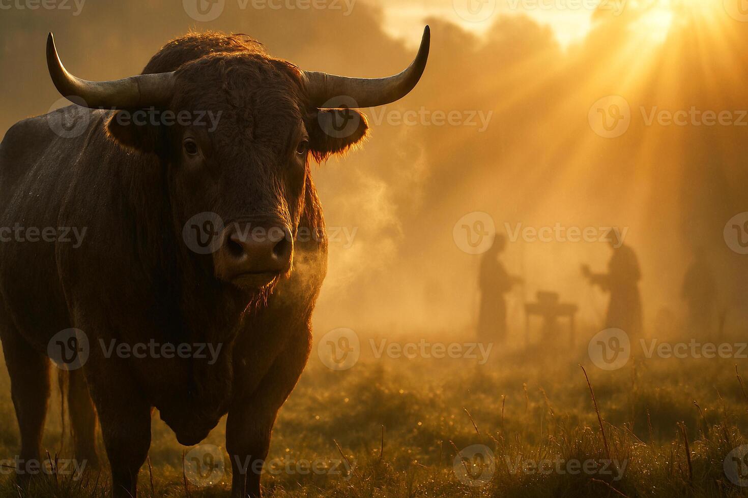 a bull standing in a field with people in the background photo