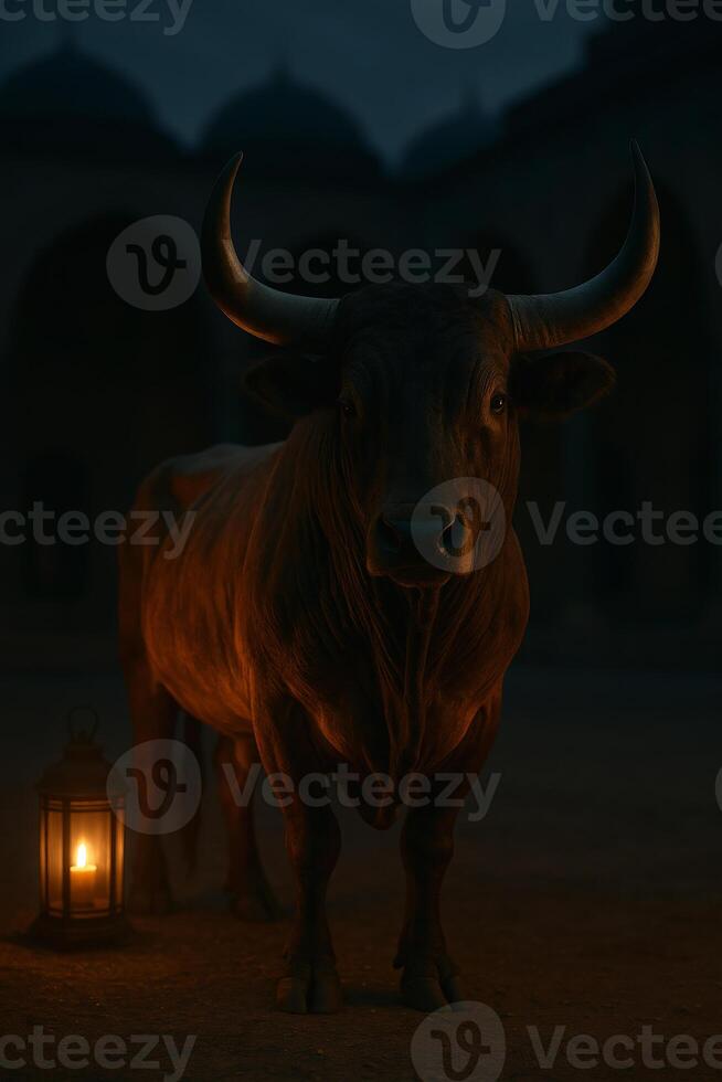 a bull standing in front of a lantern photo