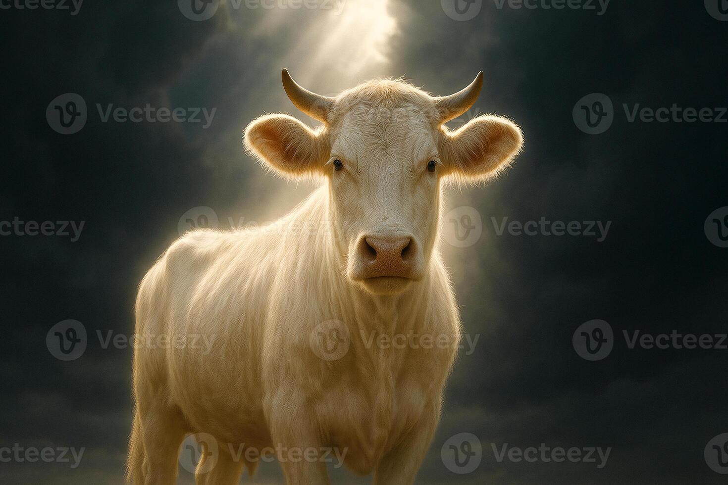 a white cow standing in front of a cloudy sky photo