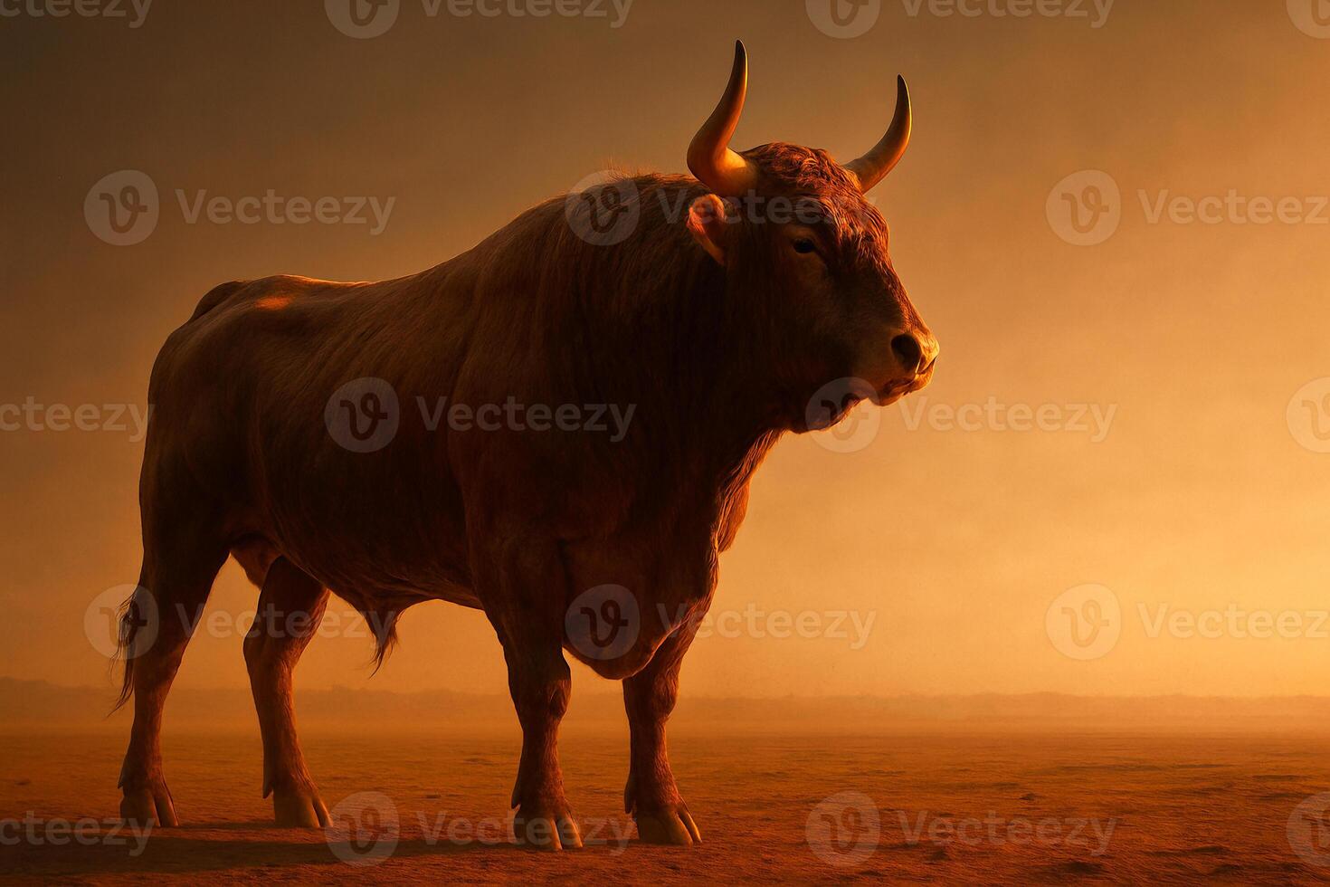 a bull standing in a field at sunset photo