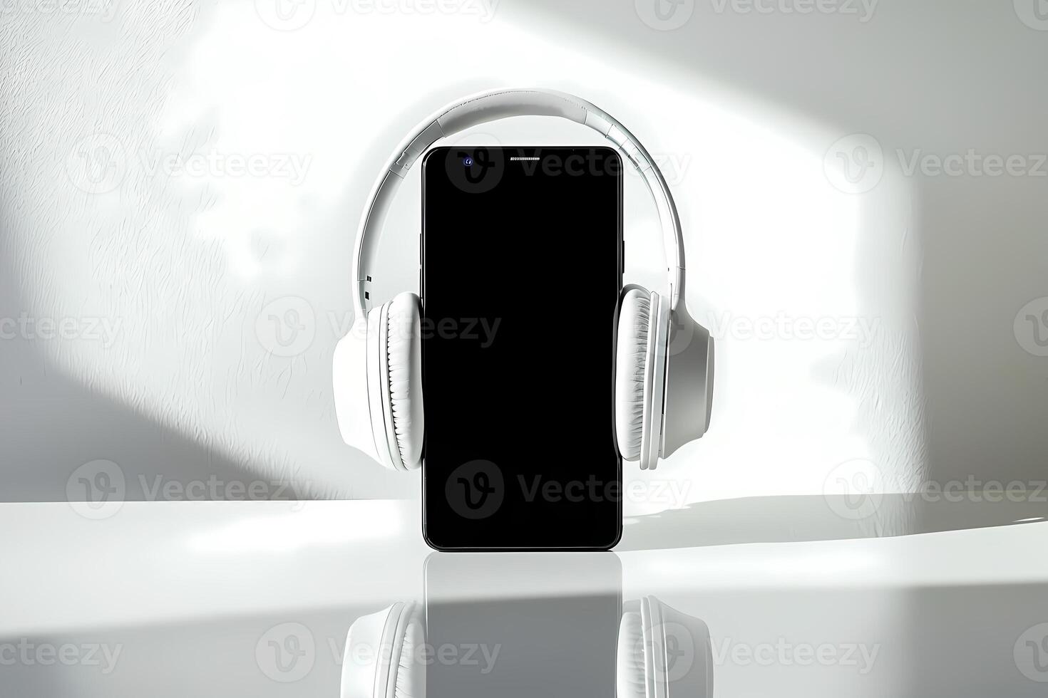 White headphones hanging on smartphone with black screen displaying on white table photo