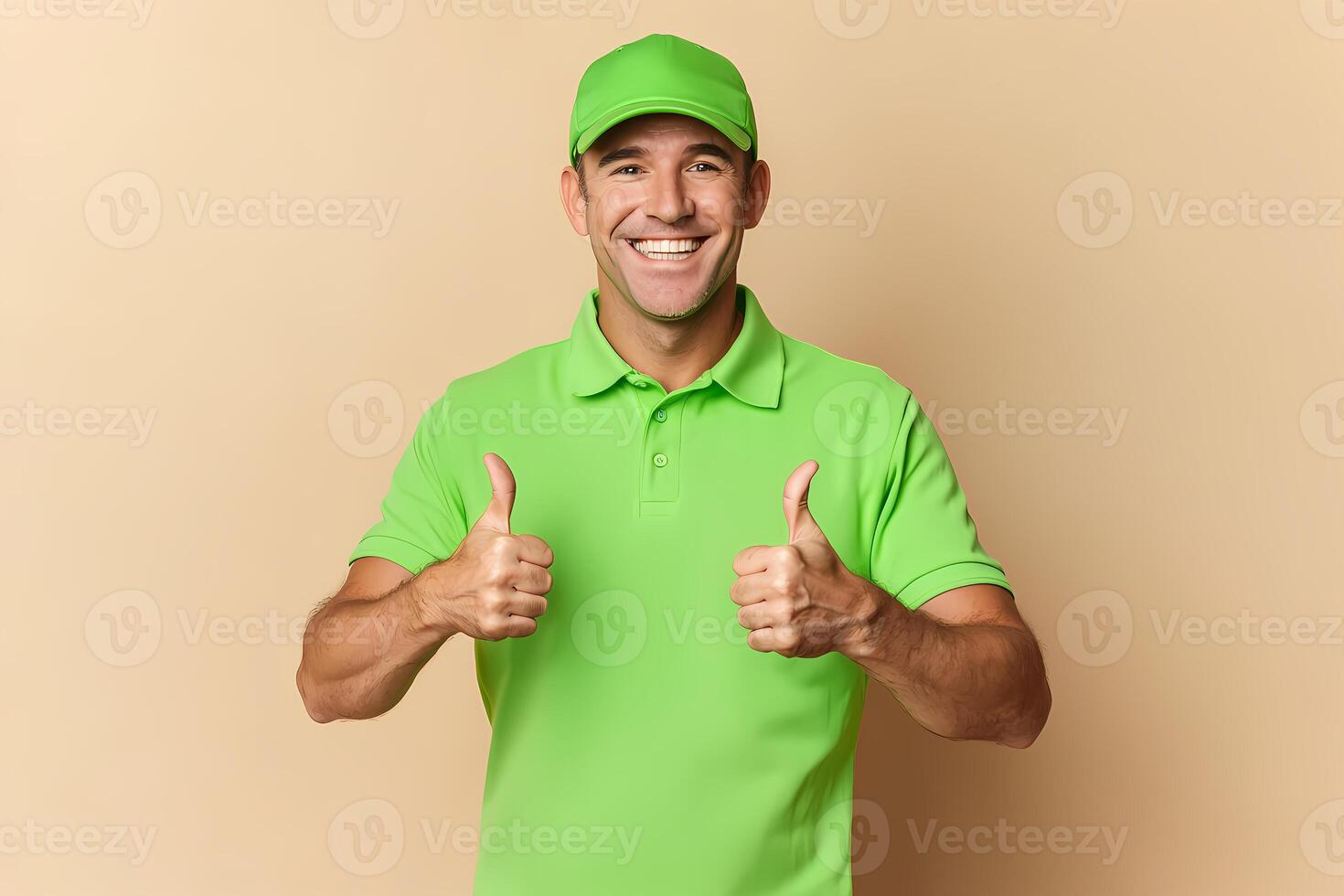 Delivery man showing thumbs up with confident expression photo