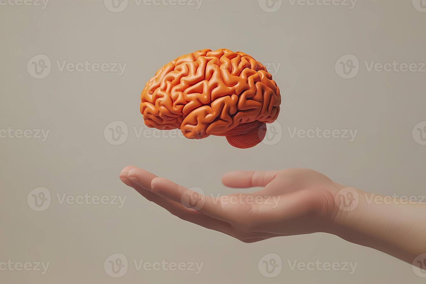 Hand holding floating brain representing mental health and intelligence photo