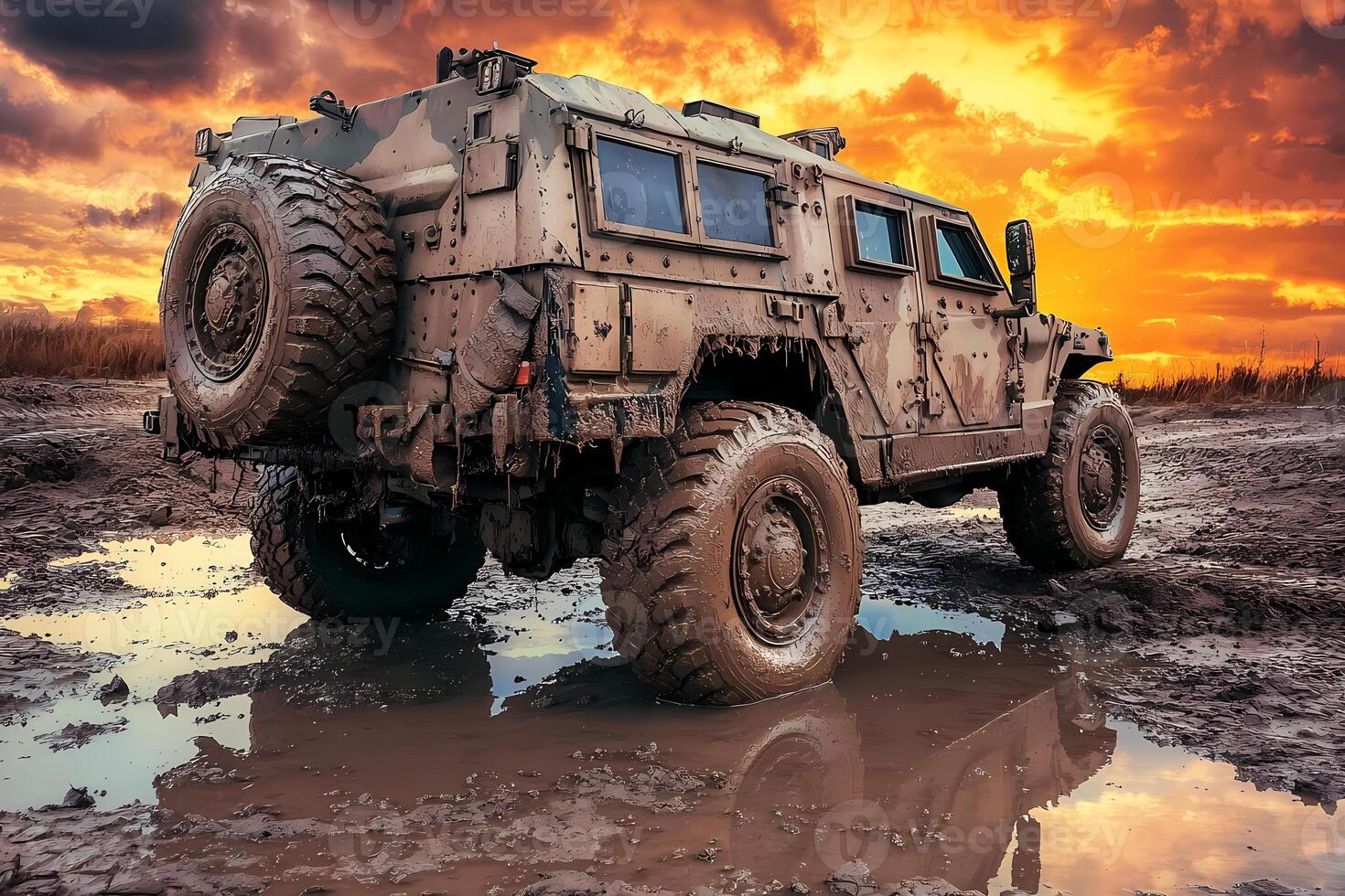 Military vehicle covered in mud driving on a muddy road at sunset photo